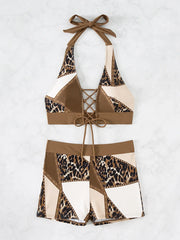 Leopard Print & Solid Color Bikini Set Criss Cross Back & Adjustable Tie Side Two Piece forwears
