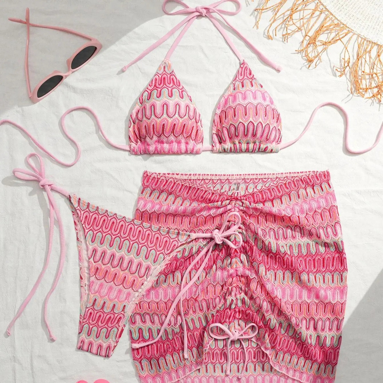 Lingerie Sets 3 Piece Ombre Bikini Set Halter Neck Embroidered Two Piece Swimsuit