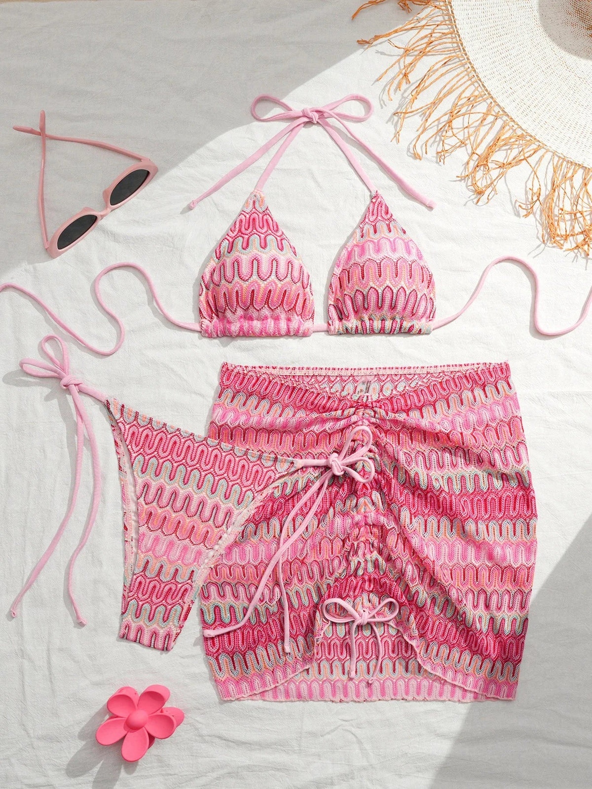 Lingerie Sets 3 Piece Ombre Bikini Set Halter Neck Embroidered Two Piece Swimsuit