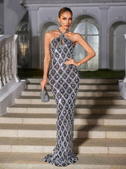 Backless Sequin Crystal Maxi Dress In Black