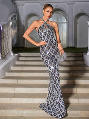 Backless Sequin Crystal Maxi Dress In Black