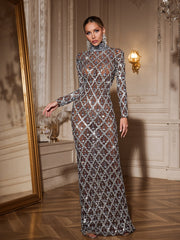 Long Sleeve Sequin Crystal Maxi Dress In Black