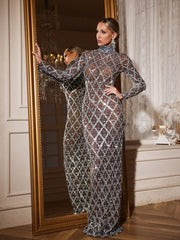 Long Sleeve Sequin Crystal Maxi Dress In Black