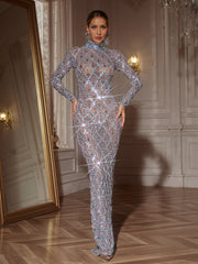 Long Sleeve Sequin Crystal Maxi Dress In Silver