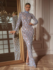 Long Sleeve Sequin Crystal Maxi Dress In Silver