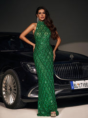 Robe longue à sequins et cristaux verts 