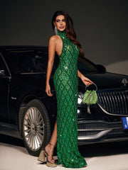 Robe longue à sequins et cristaux verts 
