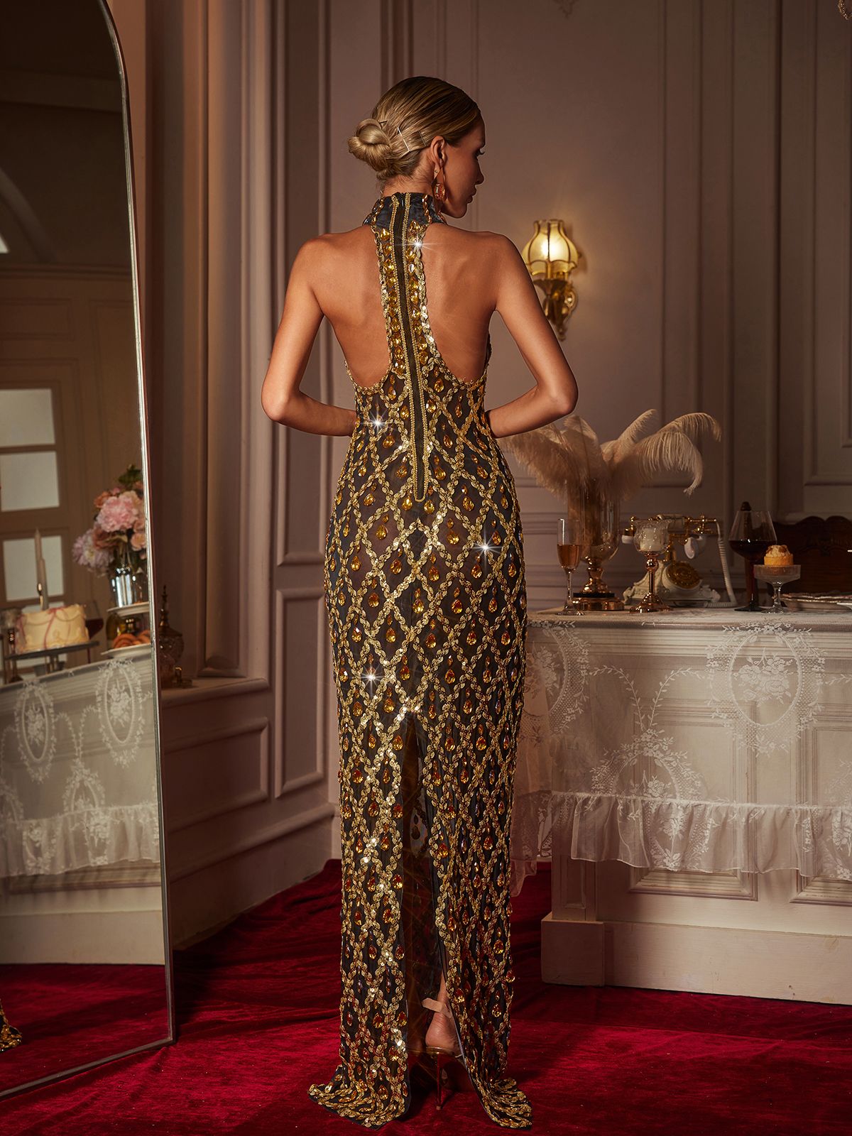 Sequin Crystal Maxi Dress In Gold