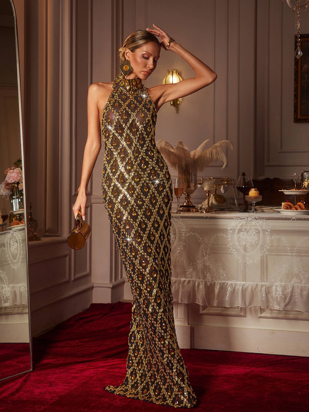 Sequin Crystal Maxi Dress In Gold
