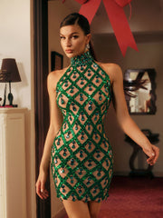 Robe courte à sequins et cristaux verts