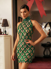 Robe courte à sequins et cristaux verts