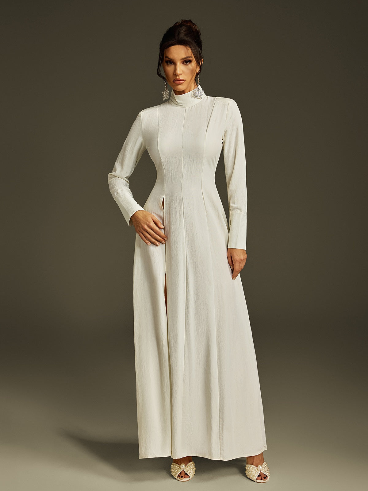 Robe maxi fendue à col montant 