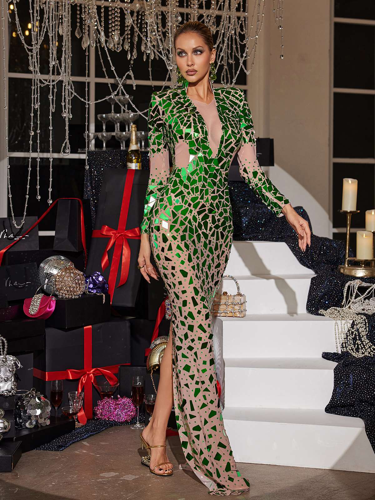 Acrylic Embellished Mesh Maxi Dress