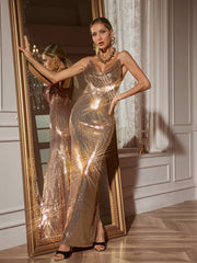Robe longue à sequins spaghetti 