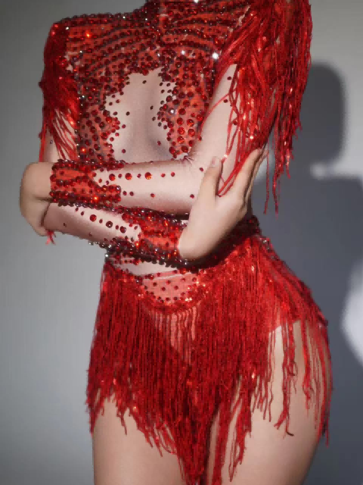 Body rouge à franges et strass