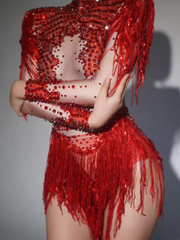 Body rouge à franges et strass