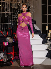 Flower Cutout Sequin Maxi Dress In Hot Pink