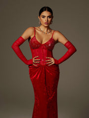 Robe longue en velours froncé à strass et spaghetti 