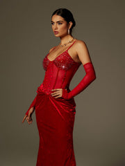 Robe longue en velours froncé à strass et spaghetti 