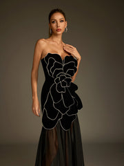 Strapless Flower Mesh Maxi Dress