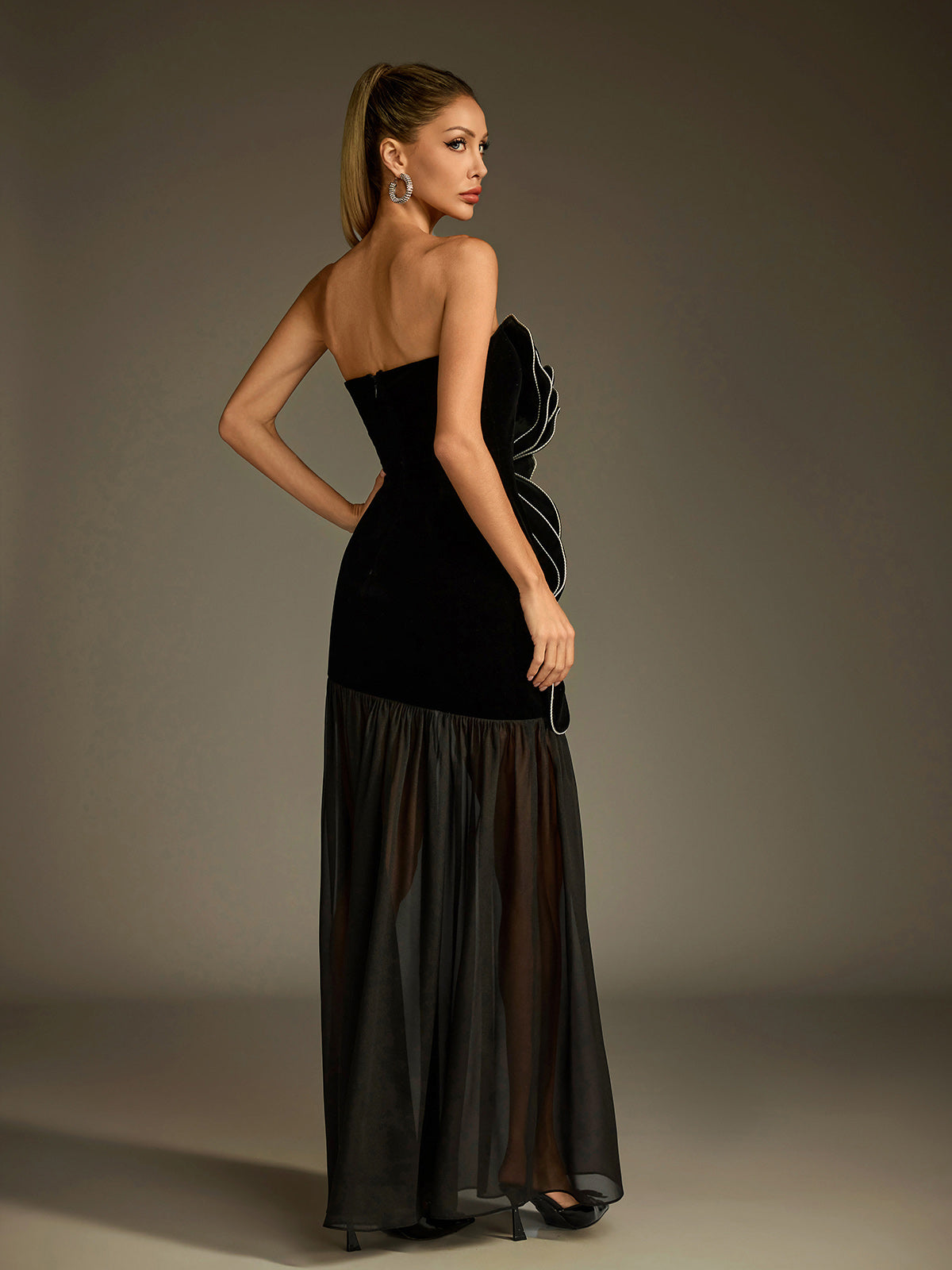 Strapless Flower Mesh Maxi Dress