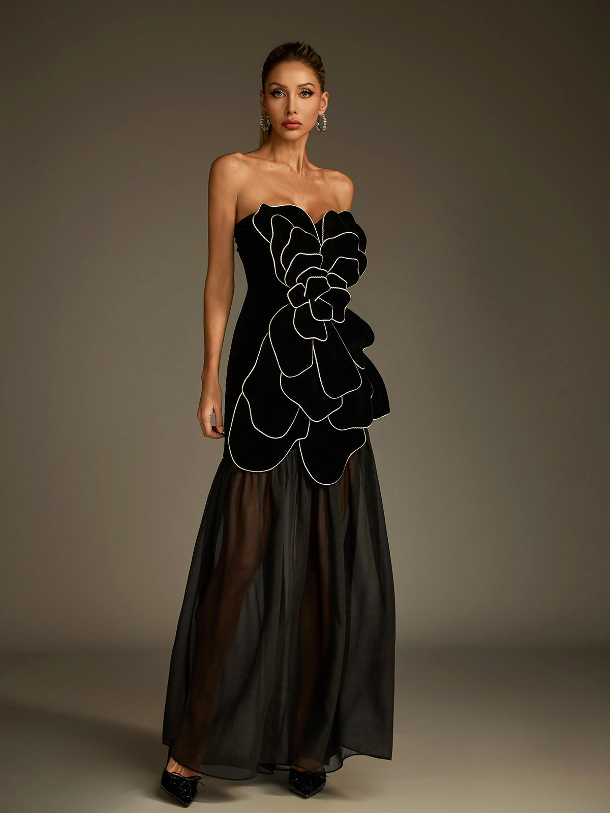 Strapless Flower Mesh Maxi Dress