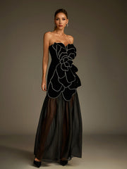 Strapless Flower Mesh Maxi Dress