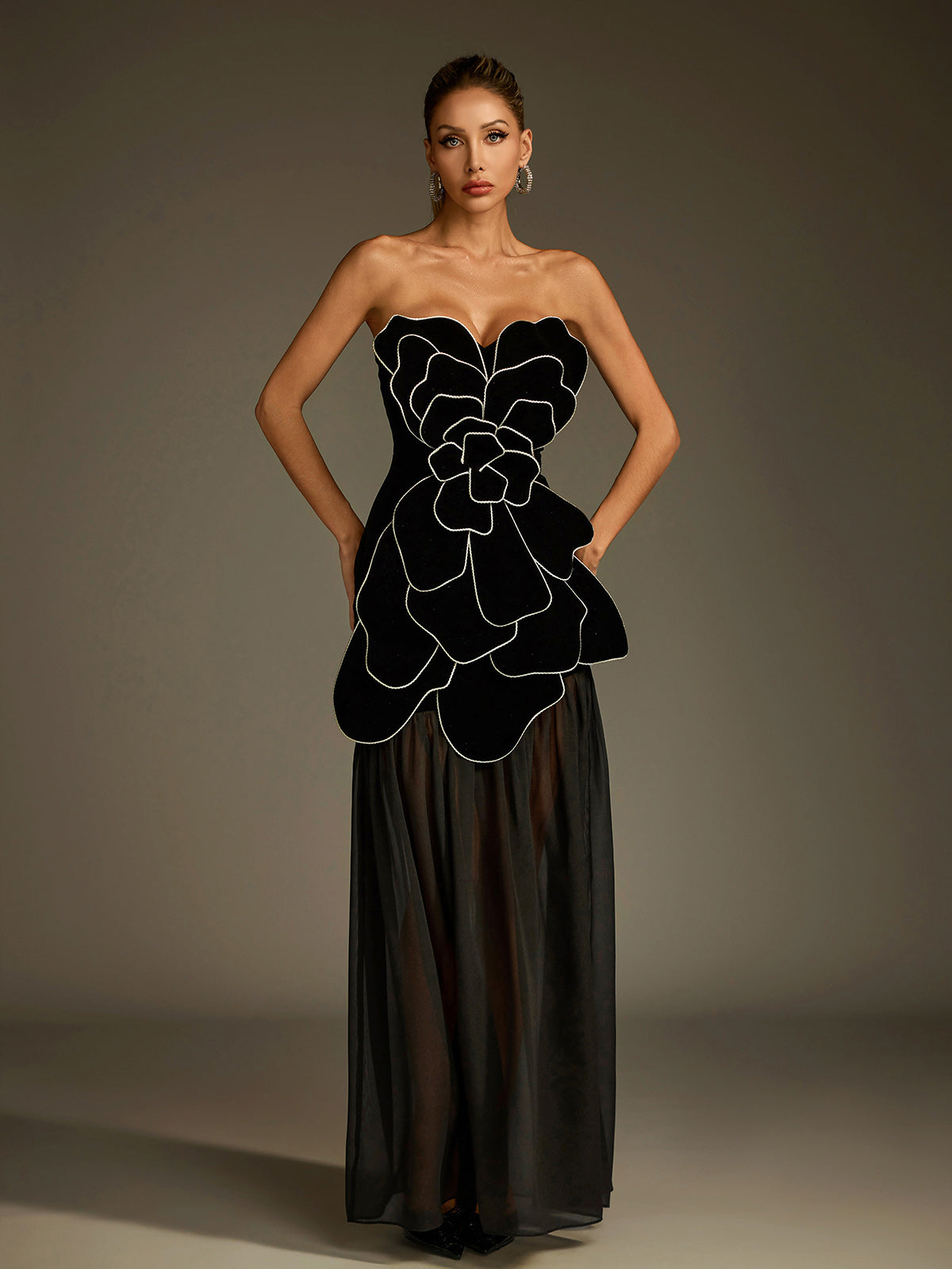 Strapless Flower Mesh Maxi Dress