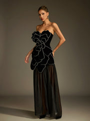 Strapless Flower Mesh Maxi Dress