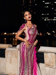 Robe en tulle à sequins drapée et découpée rose fuchsia 