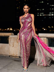 Robe en tulle à sequins drapée et découpée rose fuchsia 