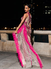 Robe en tulle à sequins drapée et découpée rose fuchsia 