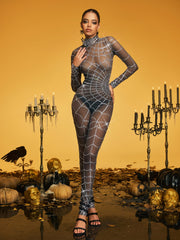 Combinaison à col montant et strass à motif toile d'araignée 