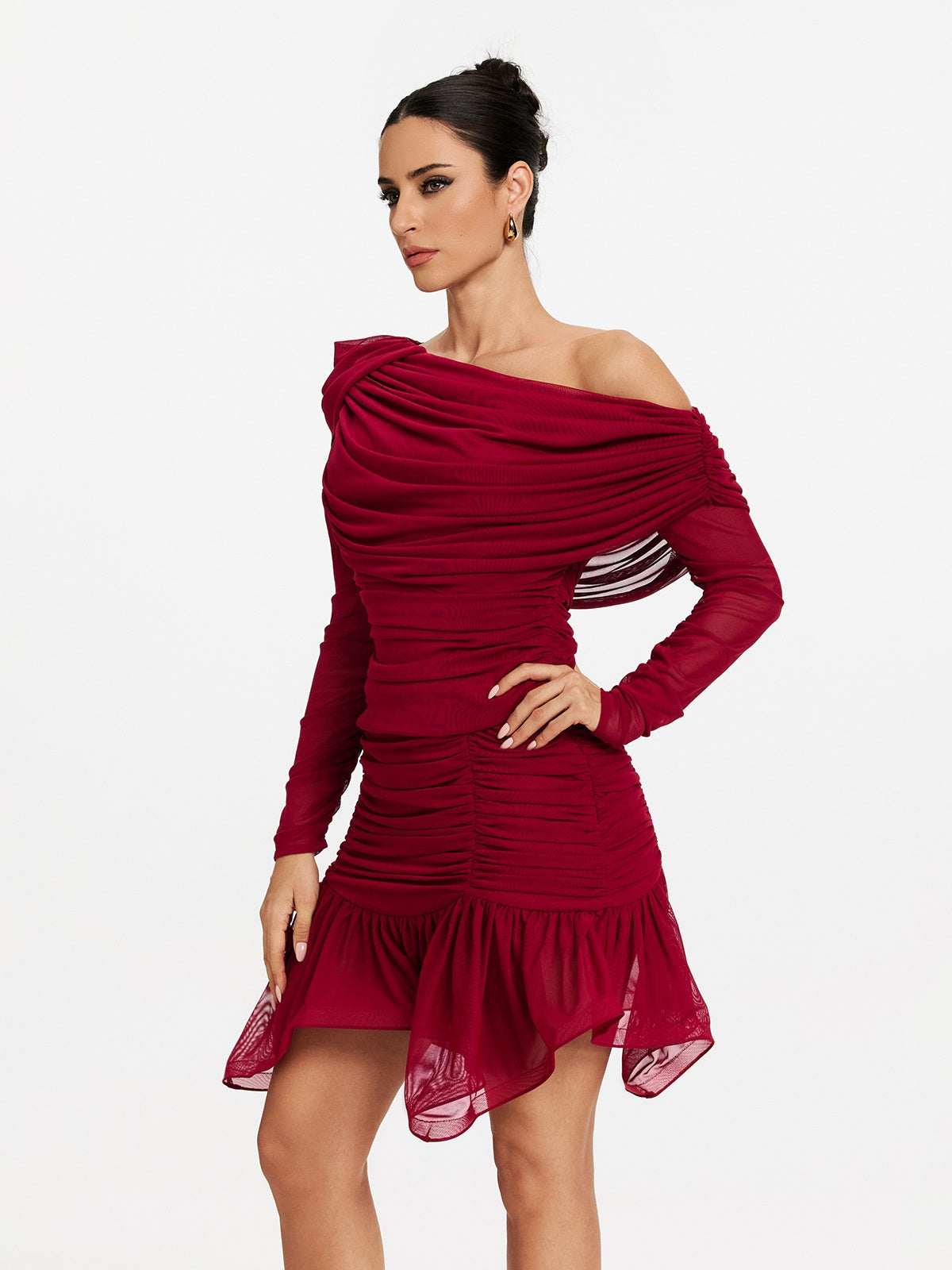 Robe mini à volants asymétrique à une épaule 