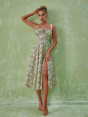Robe midi fendue à fleurs verte 