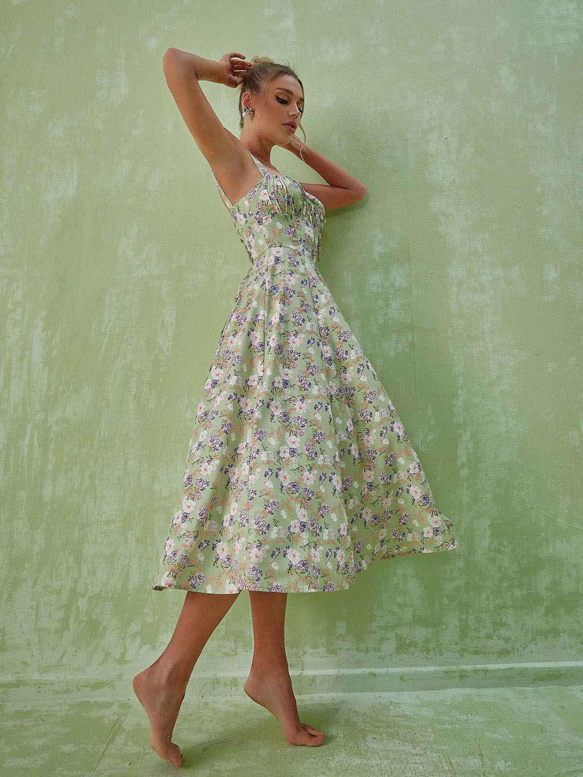 Robe midi fendue à fleurs verte 
