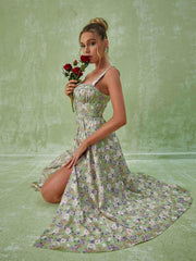 Robe midi fendue à fleurs verte 