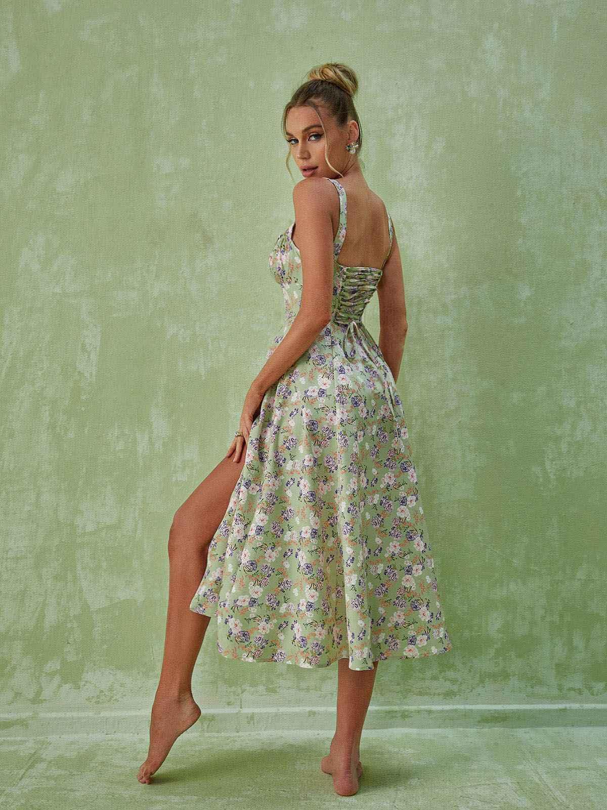 Robe midi fendue à fleurs verte 