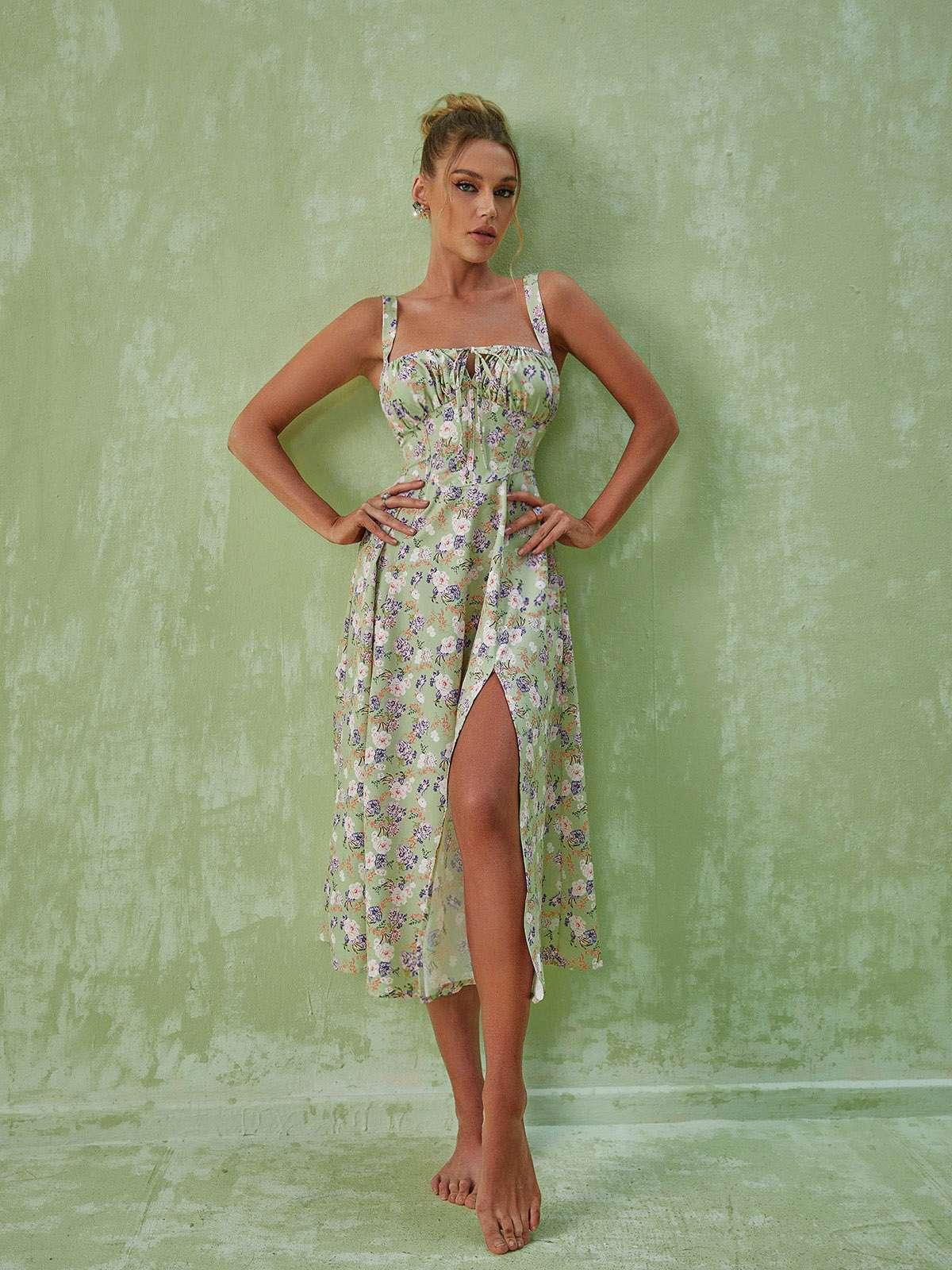 Robe midi fendue à fleurs verte 