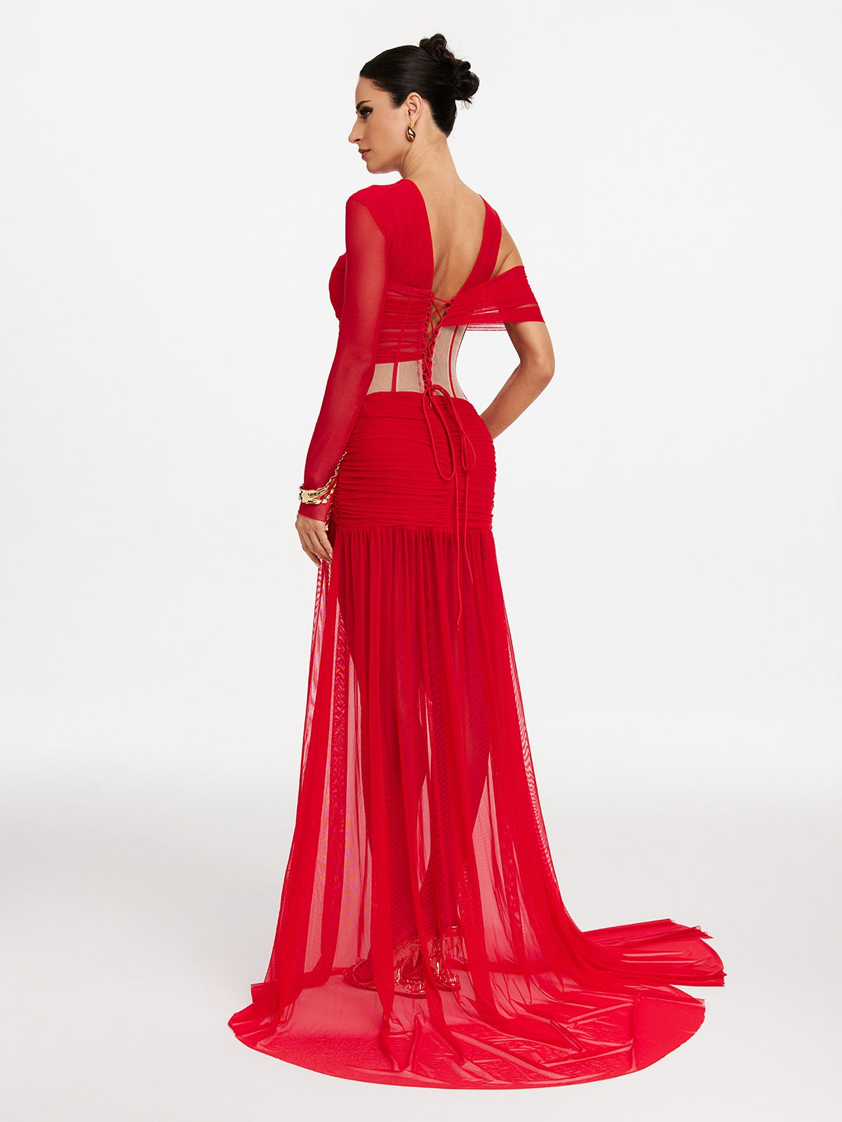 Robe longue en résille à découpes corsetées 