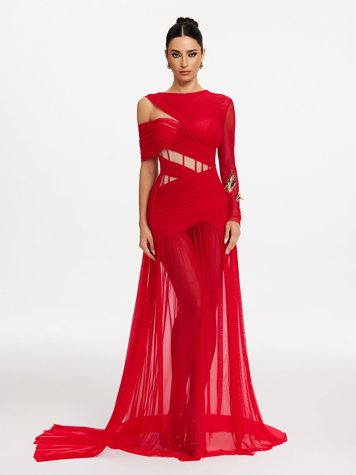 Robe longue en résille à découpes corsetées 