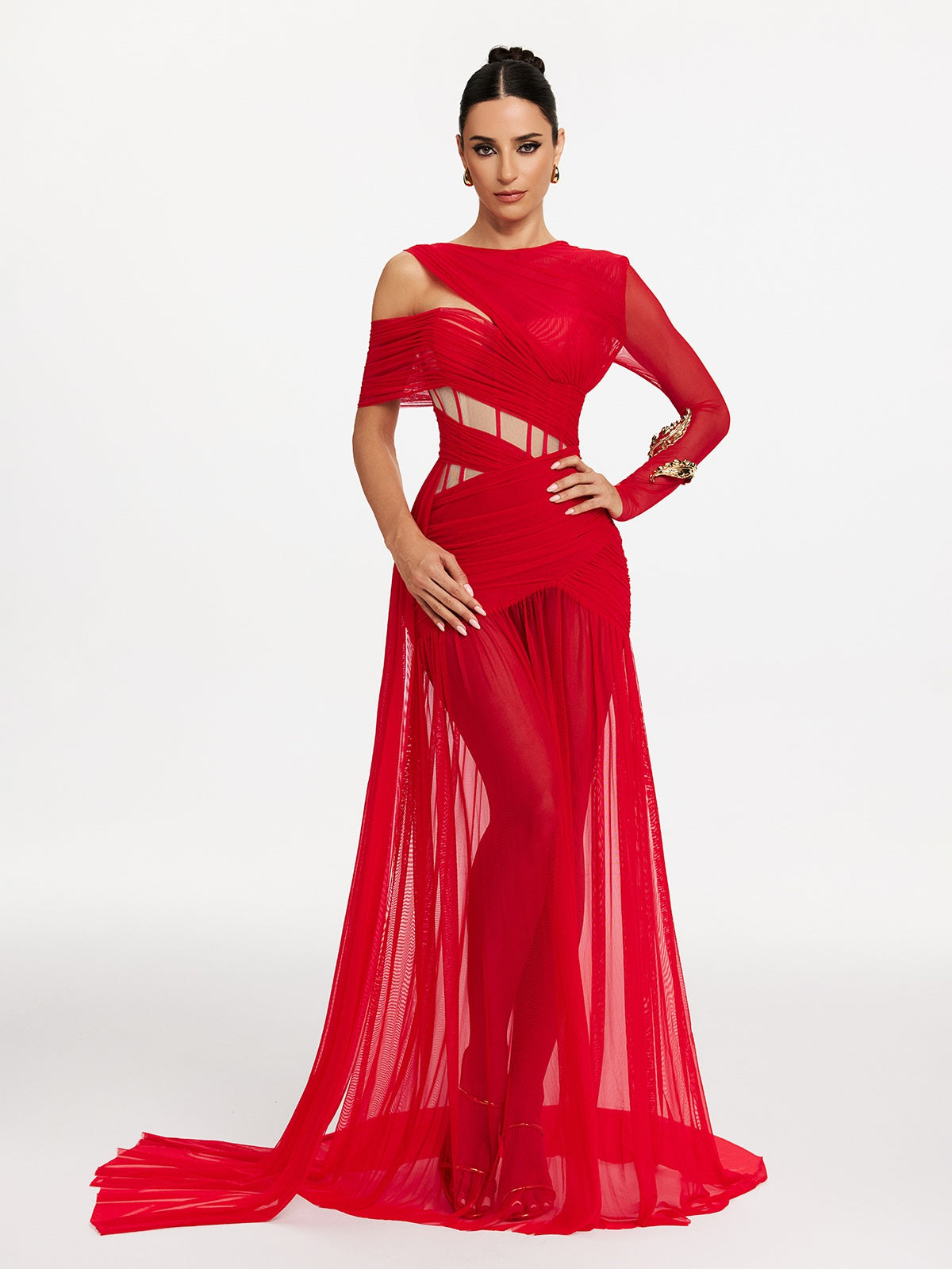 Robe longue en résille à découpes corsetées 