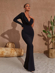 Robe maxi noire asymétrique dos nu à une épaule 