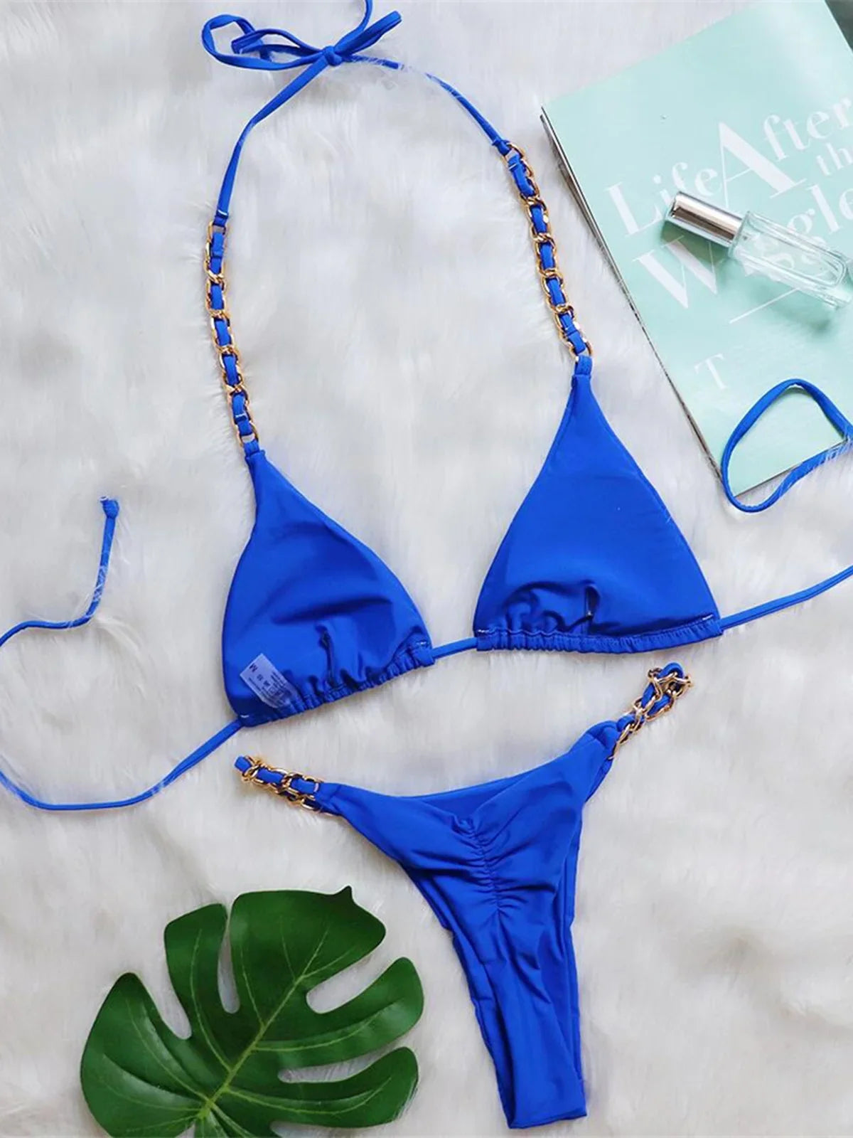 Metal Ring Halter Scrunch Butt Thong Bikini Two-pieces Bikini Set