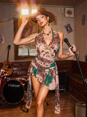 Robe mini drapée léopard à col licou et volants 