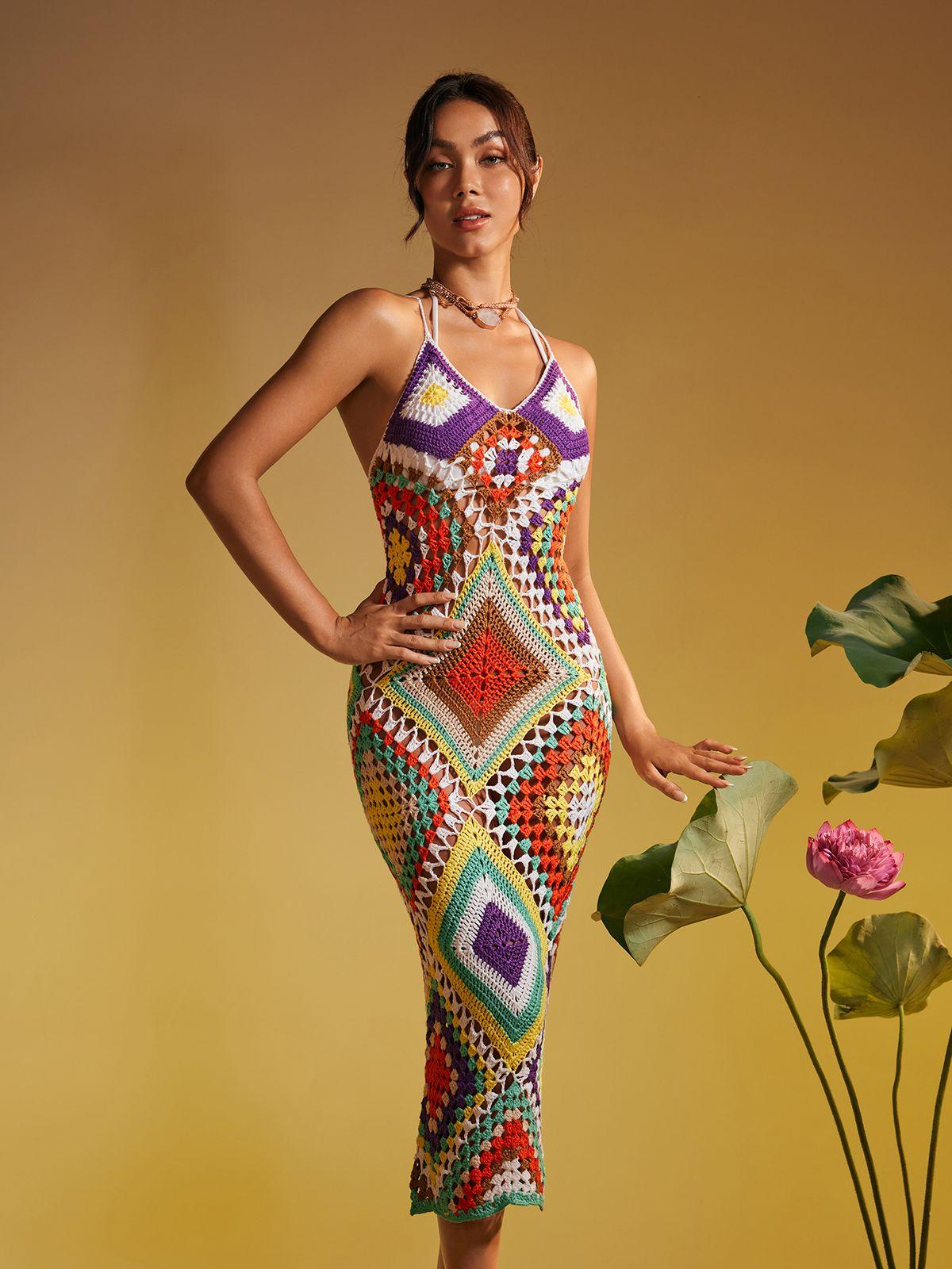 Robe en maille ajourée imprimée spaghetti 