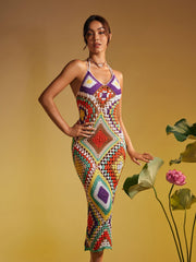 Robe en maille ajourée imprimée spaghetti 