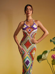 Robe en maille ajourée imprimée spaghetti 