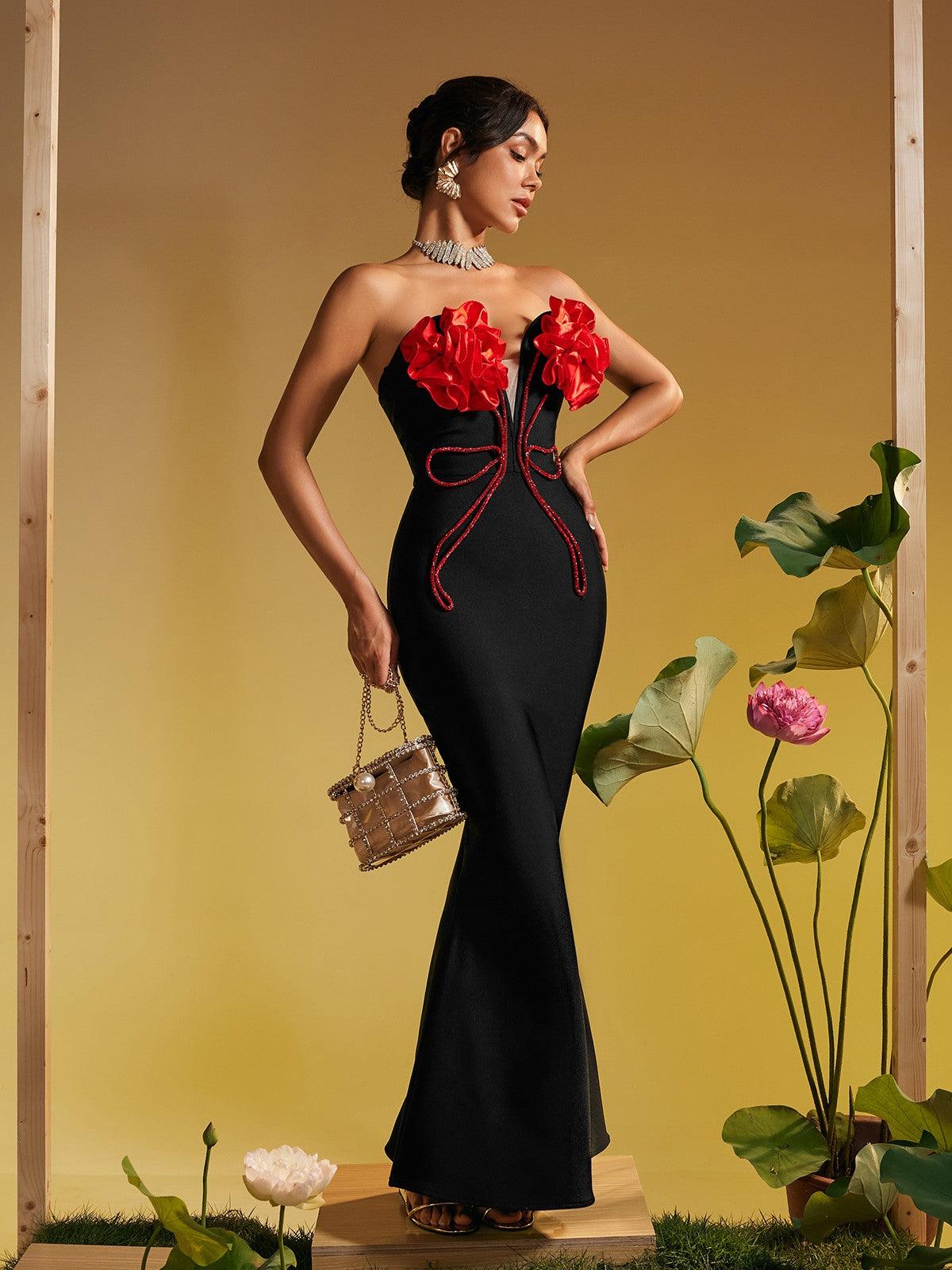 Robe longue bustier à fleurs et cristaux 