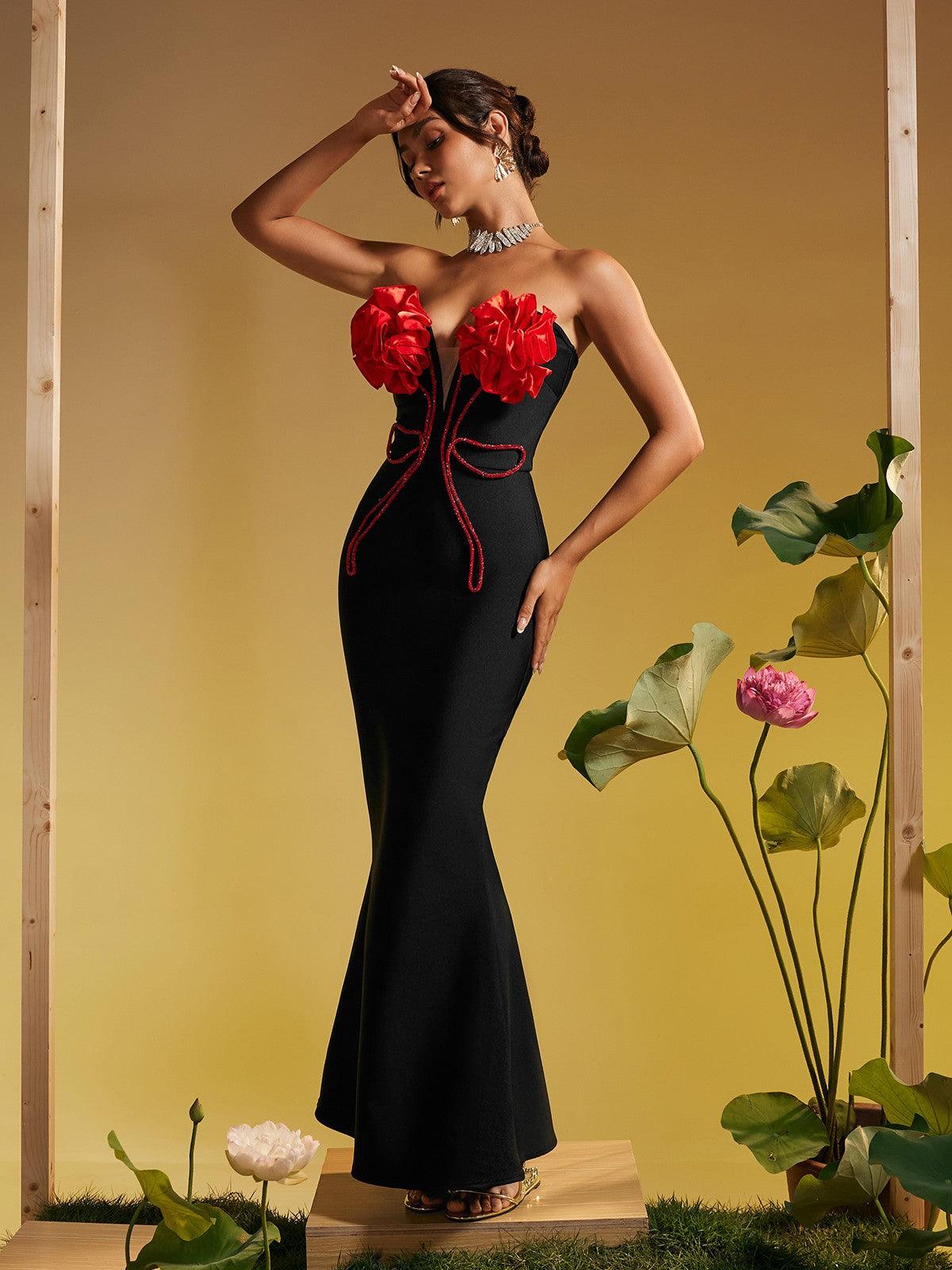 Robe longue bustier à fleurs et cristaux 